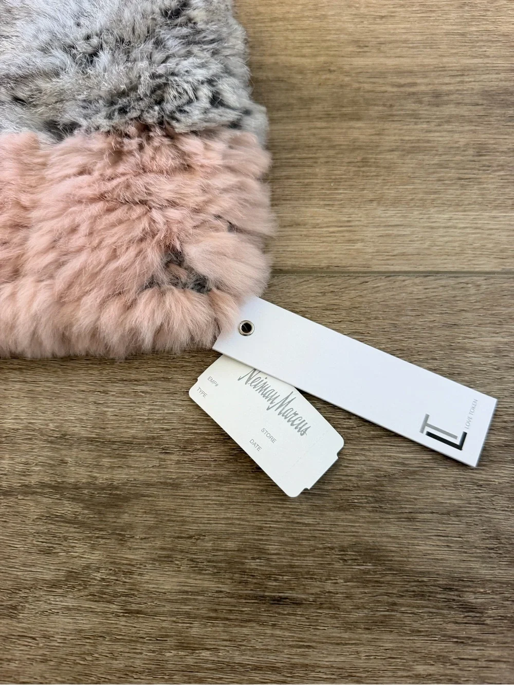 Love Token NWT Blush Pink Gray Rabbit Fur Pom Pom Beanie Hat One Size